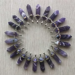 24pcs lot Whole Fashion Natural stripe amethysts Charms Hexagonal healing Reiki Point pendants for jewelry making 2110142995