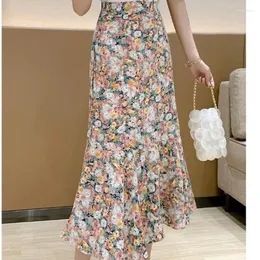 Saias 2024 verão coreano moda chiffon cintura alta impressão floral a linha mulheres fishtail elegante cottagecore saia feminina boho