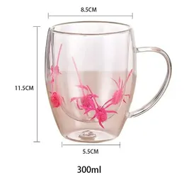 Tazza In Vetro A Doppia Parete Con Fiori Secchi E Manico - 350 Ml, Isolante Termico, Per Caffè, Tè, Latte, Regalo Donna Elegante E Originale