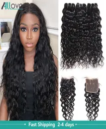 razilian human hair bundles wefts with closure extensions water peruvian deep looke wave 곱슬 똑바로 처녀 직조 7078361