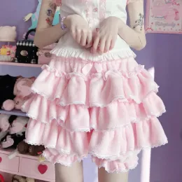 Shorts 2023 Harajuku Y2K Sweet Pink White Pumpkin Pants Lolita 90 -talets Autumn Winter JK Plush Shorts Japanese Kawaii Ruffles Lantern Shorts