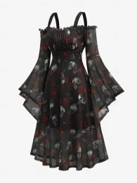 Kleid ROSEGAL Plus Größe Halloween Kleider Für Frauen Schädel Rose Print Mesh Glocke Ärmel Kalten Schulter Kleid 2023 Neue Gothic midi Vestido