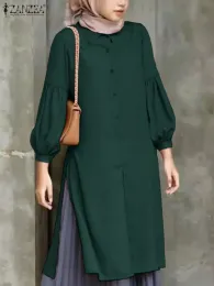 Toppar mode muslimska toppar kvinnor höstblus zanzea långa skjortor femme vintage ol arbetsskjorta split blusas kalkon abaya isiam kaftan