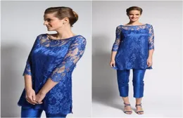 Royal Blue Mother of the Bride Pant Suits Lace Long Sleeve Mothers with Wrap ثلاث قطع بالإضافة إلى حجم الزفاف ضيف الثوب 8123232