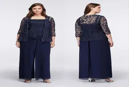 Elegant Lace Mother Of The Bride Pant Suits With Jackets Wedding Guest Dress Plus Size Dark Navy Mothers Party Dresses9896908