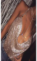 2017 Fashion Womens Bling Sequin Chain Tank Tops Sexy Deep Vneck Backless Halter Cami Tops Boho Crop Party Night Club Wear8430354