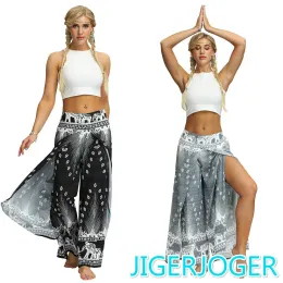 Capris JIGERJOGER Seite offen PALAZZO HOSE Schwarzer Pfauenfeder-Elefant Böhmen Thailand Bedruckte Damen-Strandhose kostenloser Drop-Versand