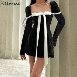 Xeemilo elegancki łuk patchwork z długim rękawem sukienka retro kwadratowa sznurka z sznurkiem bodycon mini sukienki wieczorne vestidos240305