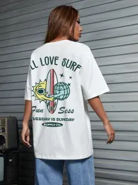 Camisetas All Love Surf Fun Everday Is Sunday Cartoons Print Camisetas Mulheres 100% Algodão Respirável Manga Curta Oversized Casual Camiseta
