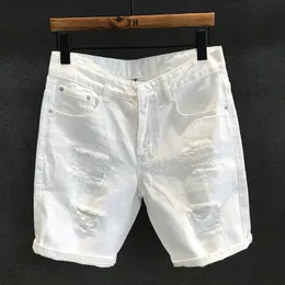 Verão moda masculina buraco branco lavagem denim shorts lazer raspado mendigo calças curtas retas 240227