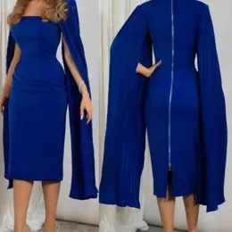 Vintage Short Arabic Square Neck Blue Evening Dresses Long Sleeve Sheath Chiffon Above Ankle Length Formal Prom Party Gown Robe de soiree for Women