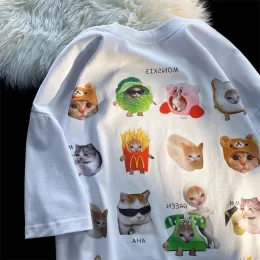 Camisetas Marca Coreana Gatos Bonitos Adesivos Impressos Camisetas Manga Curta Puro Algodão Y2K Top Adolescente Desenhos Animados Gráfico Tee Verão Solto Casual