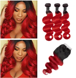 Malaysian Unprocessed Human Hair Extensions 3 Bundles With 4X4 Lace Closure Body Wave 1BRed Body Wave 1b Red Ombre Hair Products 9496871
