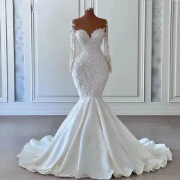 Wspaniała sukienka ślubna syrenka 2024 Sheer szyi długie rękawy koronki koraliki ślubne suknie przy imprezach ślubnych