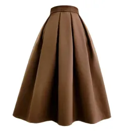 Vestidos 2022 outono inverno vintage elegante clássico feminino marrom cor básica cintura alta longa plissada saia de lã escritório senhora ol trabalho wear