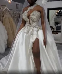 2024 Plus Size Arabisch Aso Ebi Kristalle High Split Brautkleider Eine Schulter Sexy Satin Brautkleider