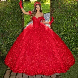 Red 2024 قبالة ثوب كرة الكتف ثوب Quinceanera ، زين الدانتيل حبات Tull Vestidos de 15 Anos Corset Dress for 16th Firstm