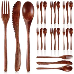 Dinnerware Sets Wooden Spoon Fork Knife Cutlery Set Dinner Utensil Kitchen Flatware Tableware (24 Pieces)