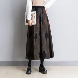 Skirts Autumn And Winter Half Skirt Women Style Versatile Plaid Over Knee Slim Mid Length A-line Knitted Swing