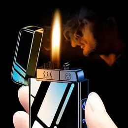 Lighters 2023 New WindProof Metal USB懐中電灯ジェットダブルプラズマアークランプガス電気充電チューブシガーライトQ240306