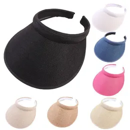 Women Men Unisex Clip-On UV Protection Sun Visor Hat Faux Linen Plaid Weave Empty Open Top Solid Color Wide Brim Adjustable Beac1255c