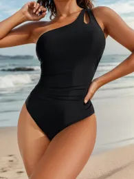 수영웨어 Vigoashely 2024 Solid Single Shoulder Push Up Swimsuit High Whist Swimwear Women Backless One Piece Beach Bathing Suit