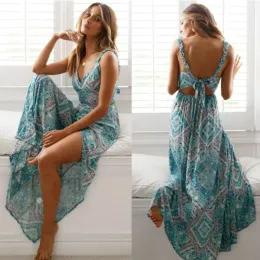 Dress Women Sexy Backless Dress 2019 Summer Bohemian Floral Print Long Dresses Femal V Neck Vestidos Plus Size Lady Casual Clothes