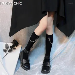 Women Socks REDDACHiC Metal Chain Decor Mid-calf Gothic Black Solid Casual Knee Long Harajuku Japanese Jk Lolita Stockings