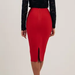 Skirt Hqbory Quality Red Split Bandage Skirt 2023 For Women Vintage Zipper Midi Midi BodyCon Gonna Nera High Waist Office Lady XL