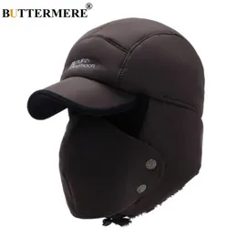 BUTTERMERE Men'S Winter Hats Russian Bomber Coffee Cotton Earflap Caps Male Mask Detachable Baseball Cap Fur Warm Ushanka Hat228G