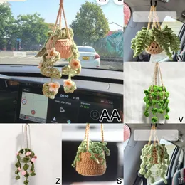 New Cute Potted Plants Basket Plant Crochet For Decor Car Ornament Rear View Mirror Hanging Accessories C8v2