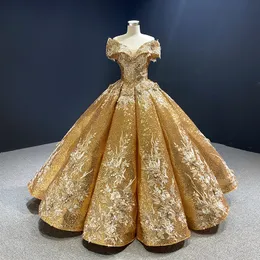 2024 Ny Sparkle Ball Gown Wedding Dress Sexig Off Shoulder 3D Lace Embroidery Pärled Vestido de Novia Gold Sequined Luxury Bridal Clows Paljetter Boho Robes de Mariee
