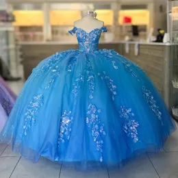 Light Blue Shiny Princess Quinceanera Dresses Ball Gown Off The Shoulder Applique Lace Beads Tull Corset Sweet 15 Vestidos De XV Anos