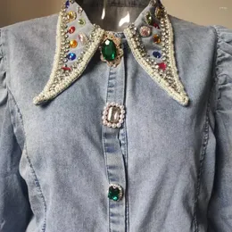 Blusas femininas diamantes frisado denim único breasted pedras preciosas botões camisas lanterna manga cristal jeans jaqueta cardigan topos blusas