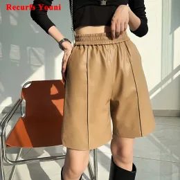 Shorts fácil streetwear bermuda feminina bolsos perna larga pele de cordeiro midi longo autêntico calças de couro damasco casual femme pantalon