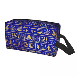 Cosmetic Bags Blue Lapis And Gold Hieroglyphics Makeup Bag Women Travel Organizer Fashion Ancient Egypt Art Storage Toiletry