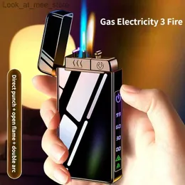 Lighters 2024 New Metal USB Windproof Lamp Torch Jet Dual Plasma Arc Lamp Gas Electric Butane Charging Tube Cigar Lamp Q240305