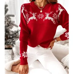 Пуловеры 2023, новые зимние рождественские женские вязаные свитера с принтом оленя, жаккардовый трикотаж, пуловер с длинным рукавом и круглым вырезом, верхняя одежда больших размеров