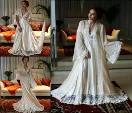 Sexy Hochzeitsroben-Kleid-Set, 2 Stück, tiefer V-Ausschnitt, mit Spitze besetzt, benutzerdefinierte Langarm-Dessous, Brautnachtwäsche, Nachthemd, Bat6741151