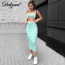 Anzüge für Damen, gerippter Strick, zweiteiliges Set, langer Rock, bauchfreies Tank-Top, sexy, elegant, Festival, passende Co-Ord-Kleidung, Party, 2020 Sommer-Outfits