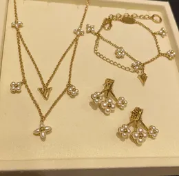 Set di orecchini, bracciale, collana con petali di perle, piccolo fiore bianco, in resina, orecchini a bottone, gioielli da donna, con scatola originale per sacchetto per la polvere