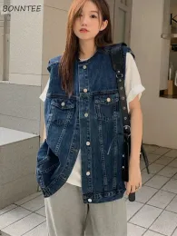 Waistcoats Denim Vests Women Loose BF Outwear American Style Vintage Sleeveless New Spring Basic Students Fashion High Street Leisure
