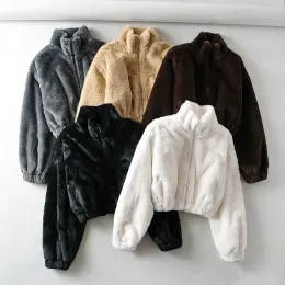 Giacche Chic Primavera Caldo Cappotto di Pelliccia di Coniglio Sintetico Ins Cerniera Colletto alla coreana Bomber Giacca a Vita Alta Cappotto Corto Parka Furry Top Abrigos 2022