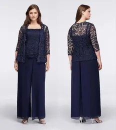 Elegant Lace Mother Of The Bride Pant Suits With Jackets Wedding Guest Dress Plus Size Dark Navy Mothers Party Dresses8801753