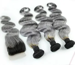 1Bgrey brasiliansk ombre mänskliga hårbuntar med silvergrå spetsstängning Två tonfärgad hårväv med stängning av kroppsvågig 4PCSL7062359