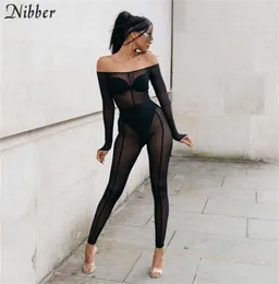 Nibber body sexy bodysuit transparente malha manga comprida conjunto de duas peças verão slash neck cintura alta leggings bar carnaval outfit T200604418653