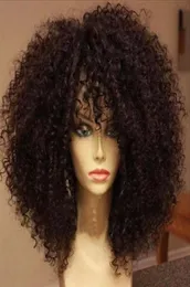 Afro Kinky Curly Full Naturel Human Hair Wig With Bang Fringe 200Density 4A 4B 4C Kinki Wigs Brazilian 360 Spets Front Natural Div9894111
