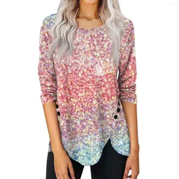 Women's T Shirts Casual Long Sleeve Sequin Printed Round Neck Side Button Oregelbundet toppmode och enkla T-shirts 2024