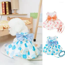 Vestuário para cães 1 conjunto de vestido para animais de estimação com trela laço design algodão verão ultra-fino cachorrinho flor impressão saia teddy roupas