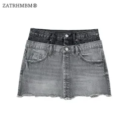 kjol zatrhmbm kvinnor 2023 ny mode lapptäcke denim mini kjol vintage en linje sidofickor highwaisted kvinnliga kjolar mujer